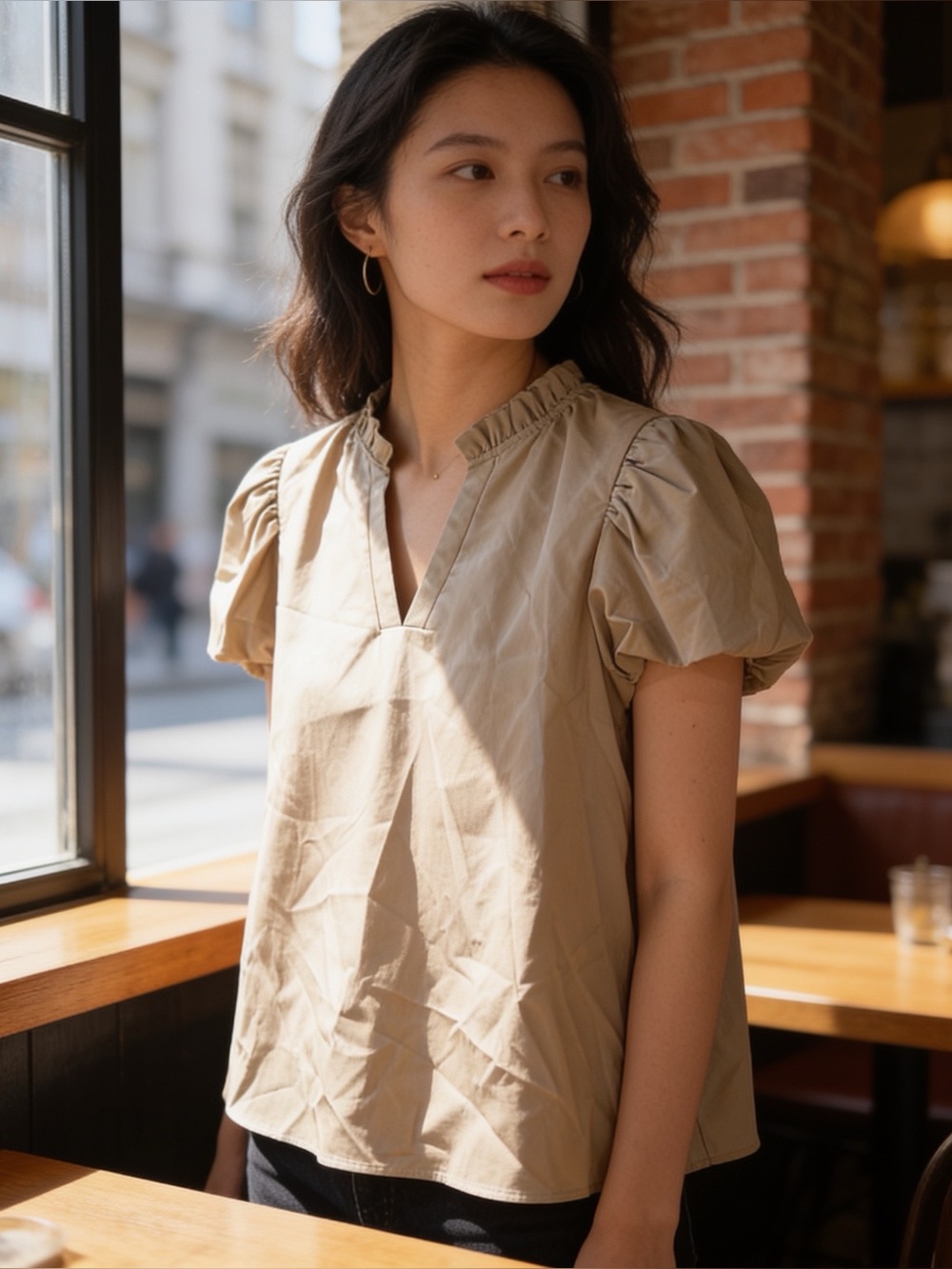 Entro | Women’s Puff Sleeve Ruffled Collar V-Neck Blouse - Beige | L
